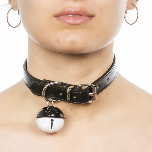 Halsband Kunstleder mit schwarz-weißem Glöckchen Girls Punk